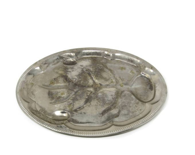 Vintage Silver Oval Roast Plate Drippings Well - Mid Century Vintage Large Oval Silver Turkey Serving Platter - Holiday Tree Leaf Platter