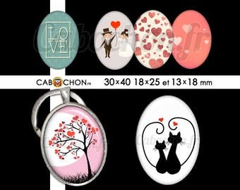 Saint Valentin 2 • 45 Images Digitales OVALES 30x40 18x25 13x18 mm amour love vie chat coeur arbre mariage