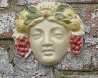 Green Woman, Female Spirit of the late Summer harvest. hand painted ceramic wall mask. vines and fruitful bounty