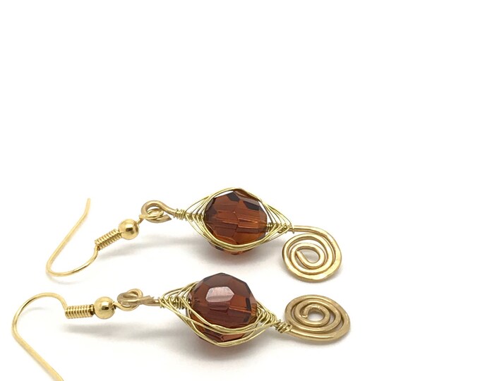 Brown Gold Drop Earrings, Small Unique Wire Wrapped Dangle, Gold Brown Earrings, Brow Wire Wrapping Jewelry, Gold and Brown Earrings