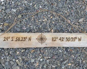 Driftwood Sign Housewarming Gift, Custom Longitude Latitude GPS Coordinates, Lake House Wood Decor New Beach Home Couple Wedding Anniversary