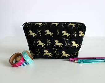 Gold Unicorn Makeup Bag | | Large Pencil Case | Large Makeup Bag | Purse Organizer | Planner Bag | Gadget Bag | Gift for Her