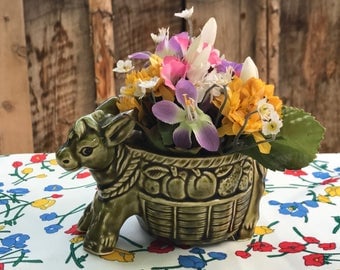 Vintage donkey planter/ ceramic donkey/ burro planter/ green donkey/ donkey and fruit basket container/ ceramic donkey and fruit