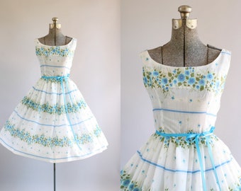 Vintage 1950s Dress / 50s Cotton Dress / Turquoise and Blue Floral Border Print Dress XS