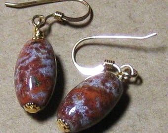 Vintage Rusty Ocean Jasper Bead Dangle Earrings 14k Gold Filled