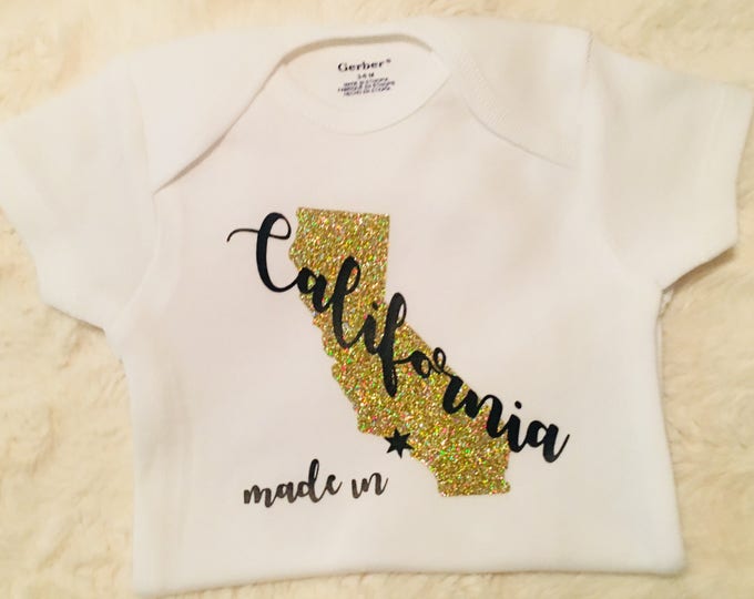 Made in California with Glitter Gold State Baby Onesies®, Baby Bodysuit, Born in California, Baby Shower Gift, Going Home Outfit