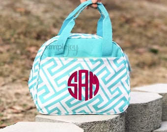 3 colors - Monogrammed Lunchbox, Personalized Lunch bag, Greek Key Lunchbox, Pink Lunch Bag, Aqua Bag, Black Bag, School Lunch, Work Lunch