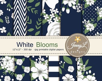 50% OFF White Floral digital paper, Navy Blue Wedding Flower Paper Digital scrapbooking, invitations, birthday, wedding, Planners