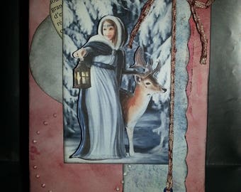 Card double scrappee with 3D theme picture Lady deer