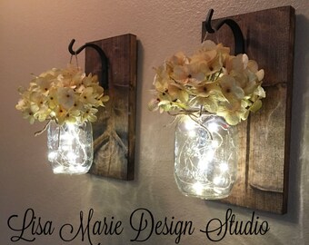Lighted Sconce, Mason Jar Sconce, Rustic Home Decor, Rustic Lighting, Fairy Lights, Mason Jar Decor, Lighting, Home Decor, Mason Jar Decor