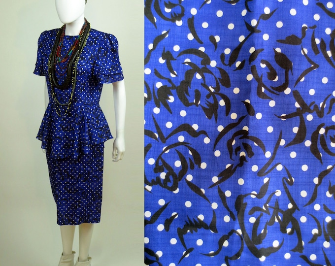 80s Dynasty Polka dot printed lightweight silk linen midi length peplum dress