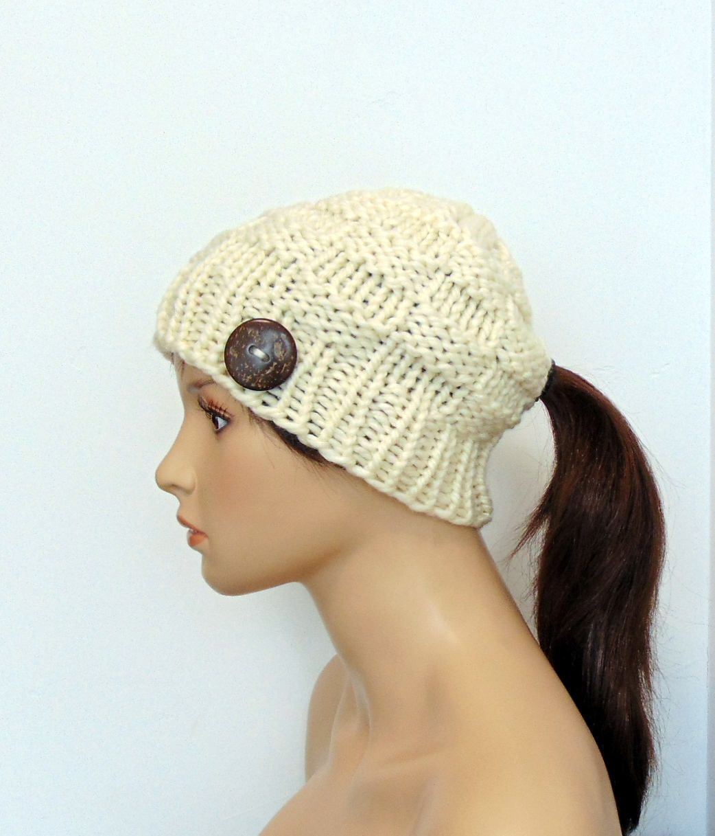 Ponytail Hat Chunky Knit Beanie Pony Tail Cap Gift for Her