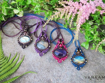 Labradorite / amethyst macrame necklace, tribal fairy pixie gypsy boho pendant , makrame pendant, psytrance gypsy jewelry, macrame pendant