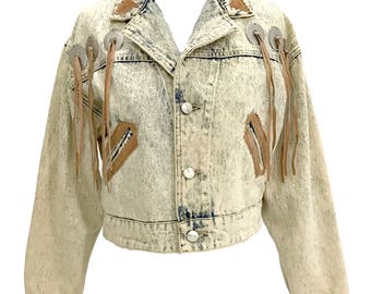ACID WASH Fringe Trash Print Cropped Jacket Size Small