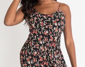 90s Black Floral Maxi Dress S