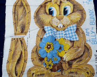 Vintage Billy Bunny Character Fabric Pillow Panel, Cut N Sew Stuffed Animal Panel, Billy the Bunny Toy Doll Craft A14