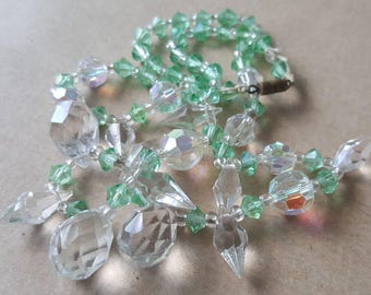 Vintage 1950s AB White Pale Green Crystal Drop Necklace
