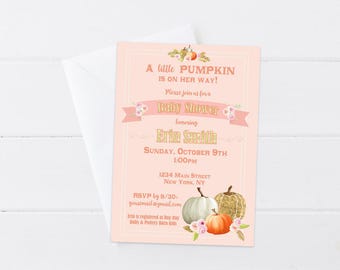 Little Pumpkin Baby Shower Invitation - Pumpkin Baby Girl Shower Invitation - Pumpkin Floral Invite Girl - Fall Baby Shower - Printable