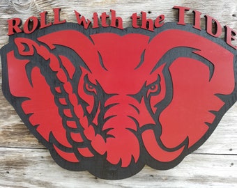 Alabama Crimson Tide Football Wooden Decor Bama Man Cave Sign Roll with the Tide - Red/Black
