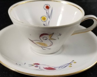 Schirnding Mid CenturyChilds Porcelain Teacup with Birds and Rooster. 1949 to 1956