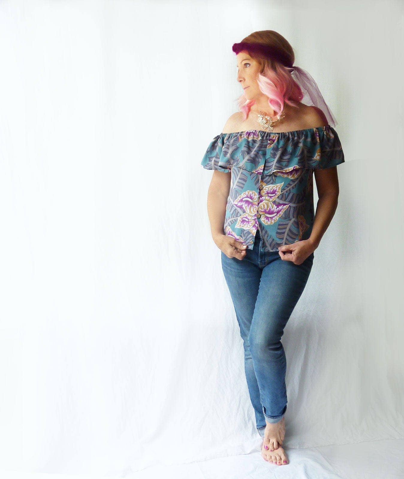 off the shoulder hawaiian shirt