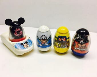 4 x Vintage Cartoon Character Weebles and Car, Walt Disney Weebles by Hasbro 1970's