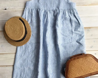 Striped linen Sundress, Linen Jumper Dress, Beach Dress, Sleeveless Dress, Linen Dress Women Jumper Pinafore Sundress, Linen Strap Dress