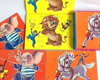 Vintage Wood Jigsaw Puzzle, 3 in 1 Animal Jigsaw Puzzles, at the Circus!