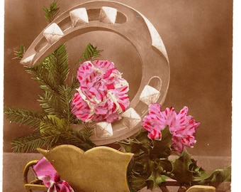 Vintage Hand Tinted WW1 Postcard,FLOWERS,HORSESHOE,WHEELBARROW,Furia #1946, 1918