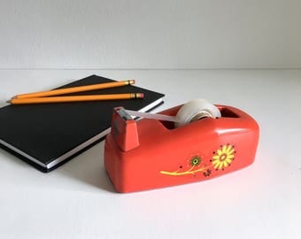 Vintage Retro Red Orange Floral Scotch Tape Dispenser Office Desk Supplies