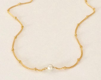 SALE! gold, pearl necklace; dainty, small, simple, delicate, tiny, satellite chain, beaded chain, bridal, wedding, bridesmaids, office