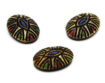 18X13 mm, Mosaic Oval Cabochon, Multi Jewel Toned, Vintage Oval Cabochon, 13X18mm Vintage 1930's Glass Cabochons, Mosaic Pattern, 4 pieces