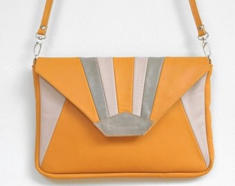 Leather shoulder bag mustard yellow, pink and gray "MADU"