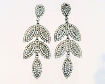 Diamante Silver Colour Dangle Drop Leaf Earrings/Sparkling earrings/Pierced Earings/Retro Earrings/Circa 1980s earrings