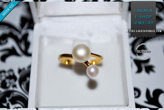 Double Freshwater Pearl Ring Sterling Silver Gold Handmade Jewelry Gift forher Anniversary Princess Valentine Love Bridal Greek Style Modern