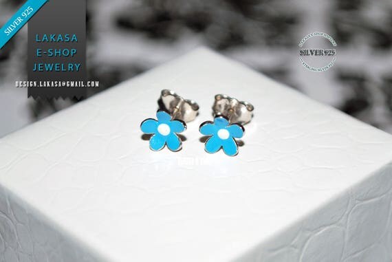Blue Enamel Flower Stud Earrings Sterling Silver 925 white Gold plated Handmade Jewelry Baby Girl Moda Gift Kids Collection Floral Design
