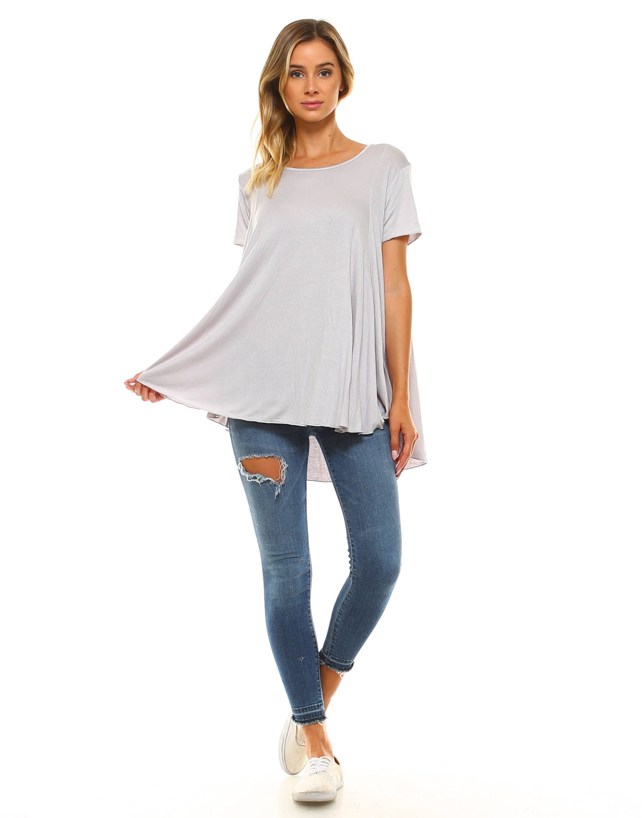 Women's Grey Flowy Swing Tunic Top Scoop Neck Gifts for