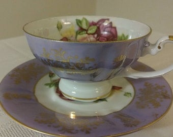 Cup & Saucer - Royal Halsey China - Purple Iridescent with Roses