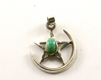 Vintage Variscite Half Moon Star Pendant 925 Sterling PD 1217