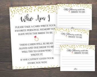 Bridal Shower Games, Who I am Game, Printable Shower Games, Gold Confetti, Gold Bridal Shower, Memories of Bride Game, Bridal Quiz, GCB3