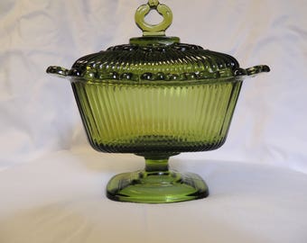 Vintage Green Glass Candy Dish on Pedestal with lid