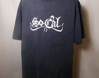 90s NO FEAR So Cal Graphic Text Logo Black Tee Sz Large Faded Thrashed Bleach Skate Grunge Goth Streetwear Script California Trashed 1990s