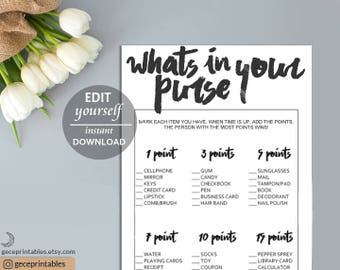 Whats in Your Purse Game Printable: What's in your bag, Wedding Shower Game, Bridal Shower, Digital Game Cards, Black, Printable Bridal Game