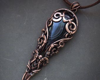 Black agate copper wire wrapped pendant // Long elvish black stone necklace // Fantasy wire wrap pendant // Elven fantasy pendant necklace