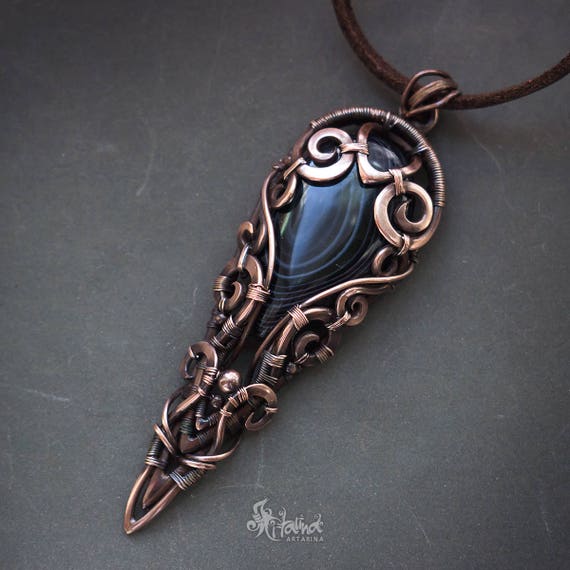 Black agate copper wire wrapped pendant // Long elvish black