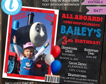 Train Birthday Invitation - Train Invite- Balloons- All Aboard- Choo Choo- Chalkboard- Printable - Personalized INSTANT Self-EDITABLE 5x7