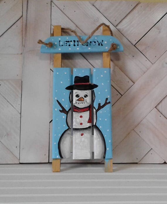 Snowman Decoration Christmas Sled Hand Painted Sled Let It
