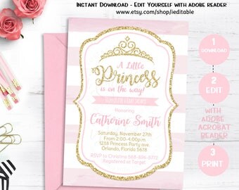 Pink and Gold Princess Baby Shower Invitation, Chevron Invitation, Girl Baby Shower, Gold Glitter invitation, Editable, Instant download