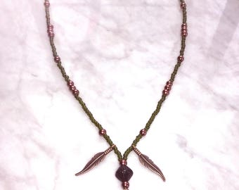 Boho necklace, boho jewelry, bohemian jewelry, beaded necklace, layering necklace, feather charm, dangle charm, layering jewelry, green