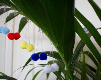 Pom Pom Earrings -- Fuzzy Earrings -- Ball Earrings -- Fur Ball Earrings -- Chain Earrings